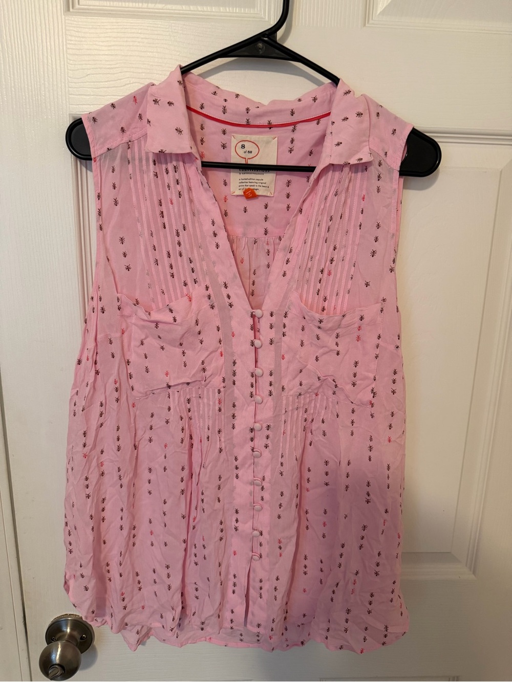 Anthropologie Pink Sleeveless Pintuck Button-Front Blouse